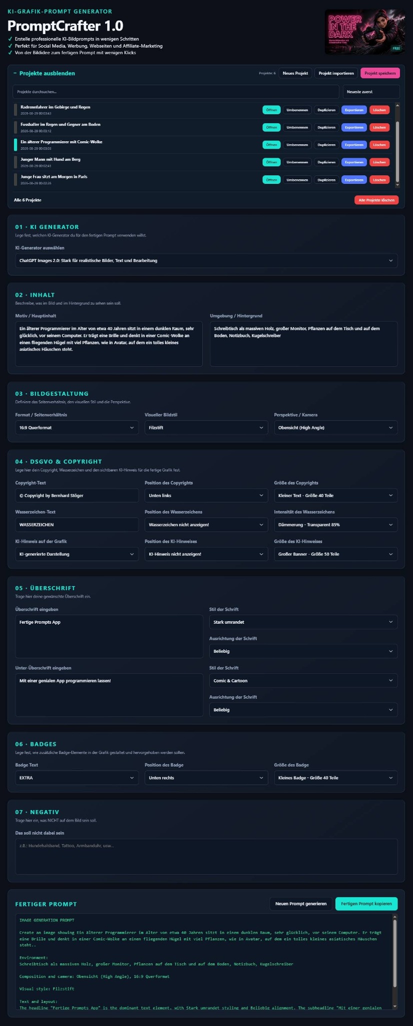 Komplette PromptCrafter Oberfläche
